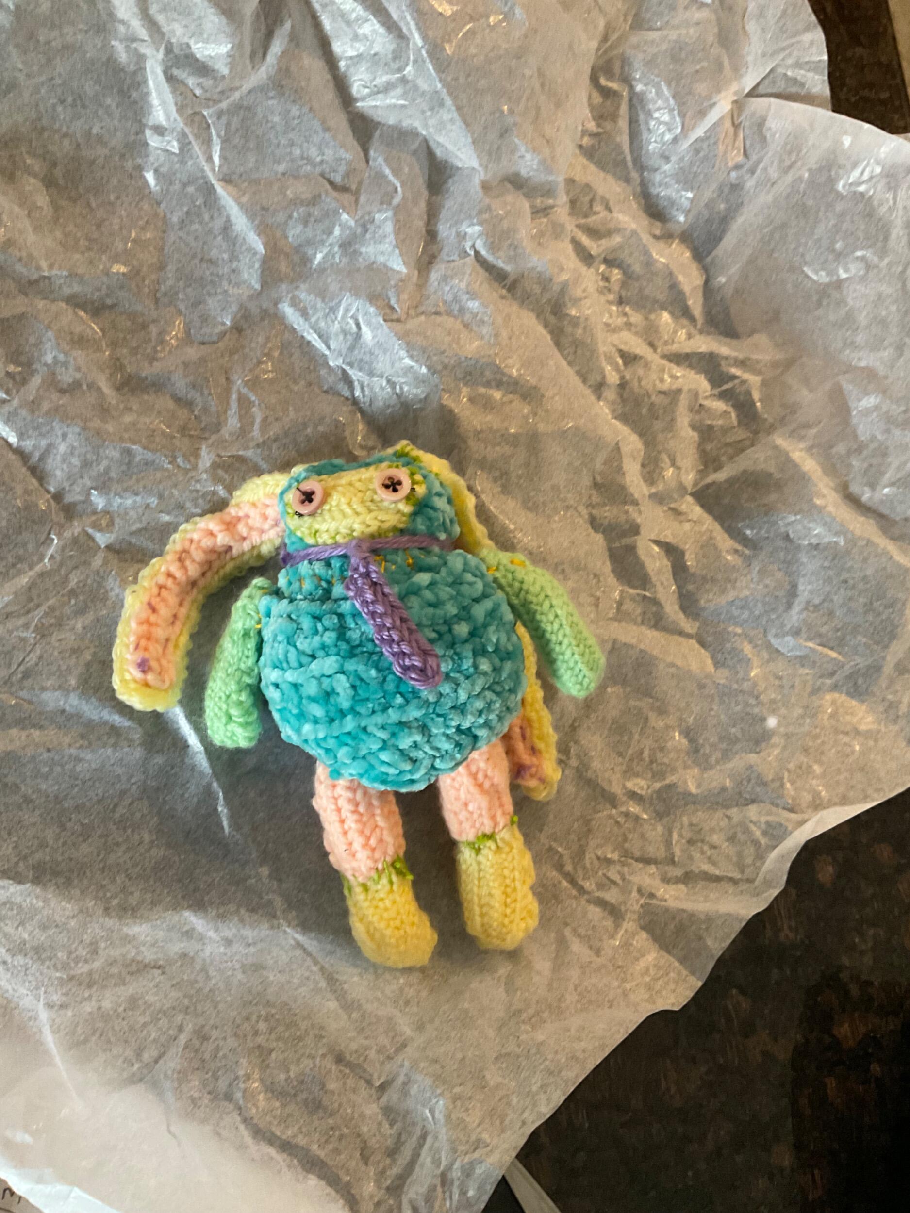 I spent many hours working on a crocheted "business bunny" for Gavin. I had made a Christmas package to send to his base, with candy, a box full of little compliments, this bunny, a Canadian hat and a morse code bracelet with his favourite bible verse in morse beading. I wanted to show my deep affection and it meant the world to him.