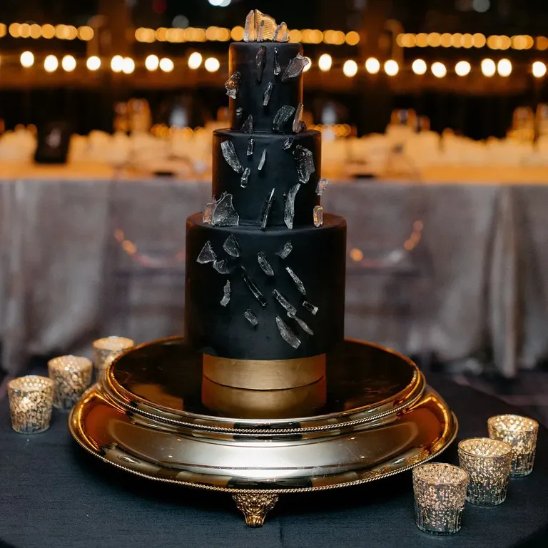 Black three tier wedding cake, taylor swift themed wedding 