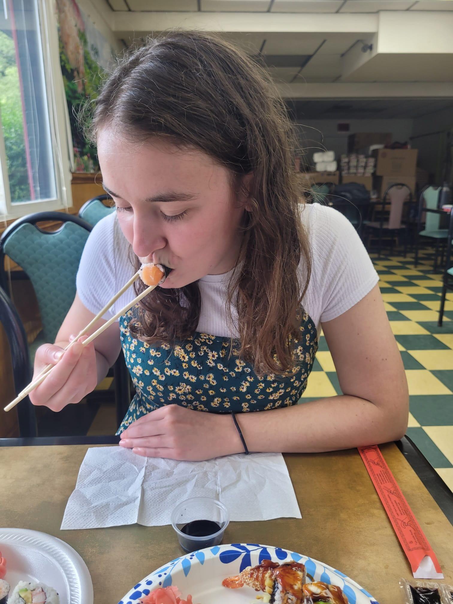Kristen having sushi for the first time!