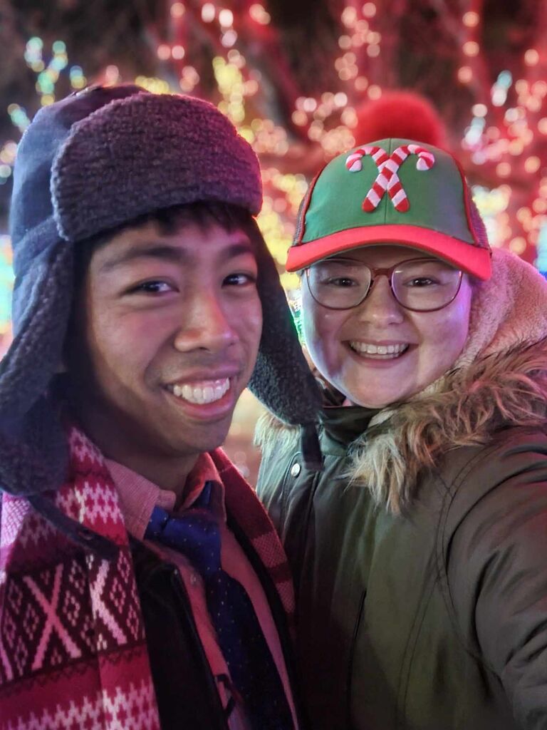 Lilacia Park Christmas lights with Michael's parents on Christmas Day in Lombard.