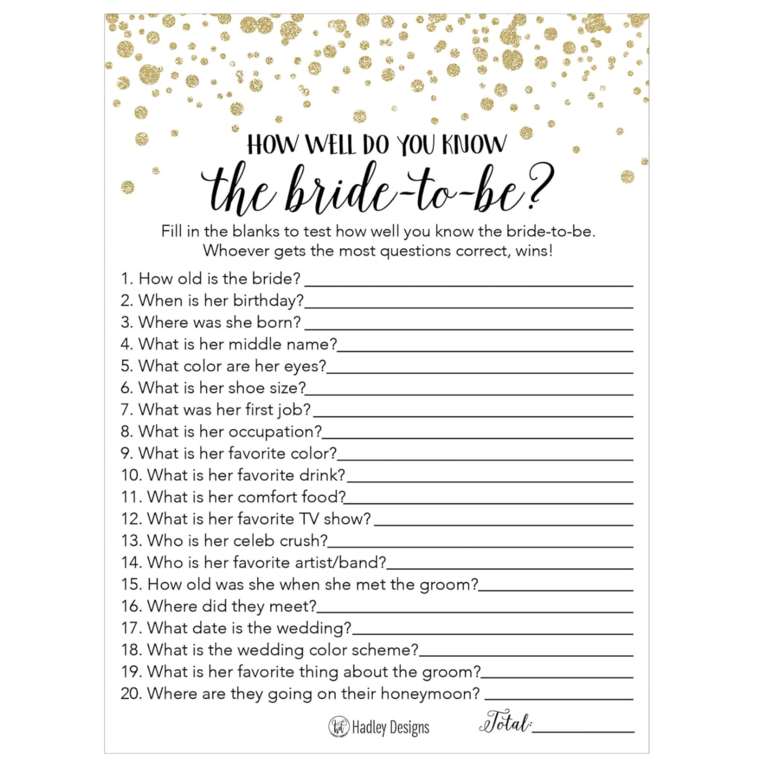 Black and Gold "How Well Do You Know the Bride?" Game Cards
