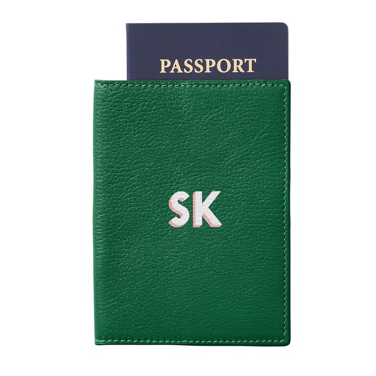 Custom initial green leather passport case gift for daughter in law