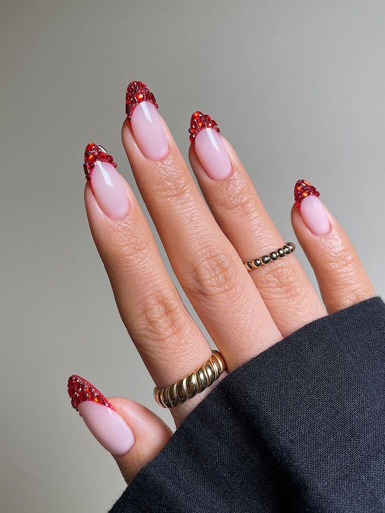Red gemstone French tip Valentine's Day nails