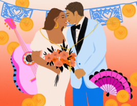 Illustration of bride and groom surrounded with traditional Hispanic wedding celebration accents and decor