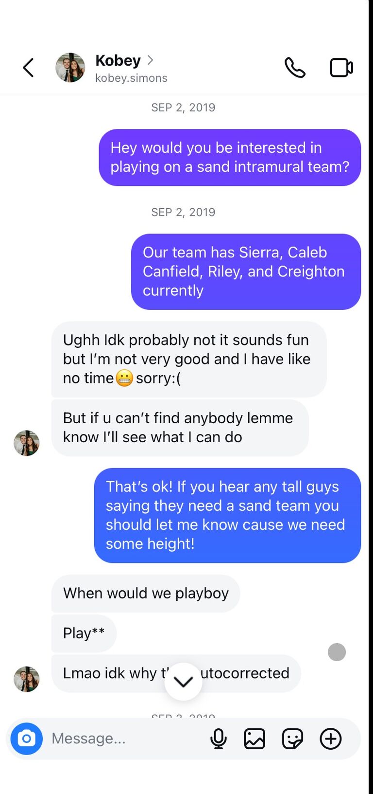 Allison (very competitive) decided to make a sand volleyball team. She knew Kobey was tall and athletic, so why not ask? 