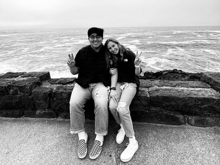 One of our first couple photos was at Depot Bay, where we proudly rocked our matching light faded jeans and Vans—because nothing says "meant to be" like unplanned twinning.