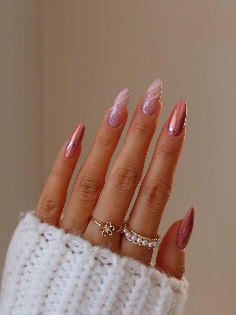 Stiletto bridesmaid nails with pink glitter and chrome