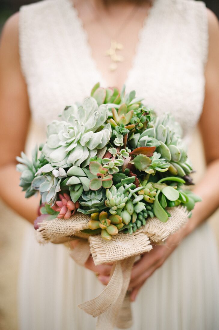 Green Succulent Bouquet With Burlap Ribbon