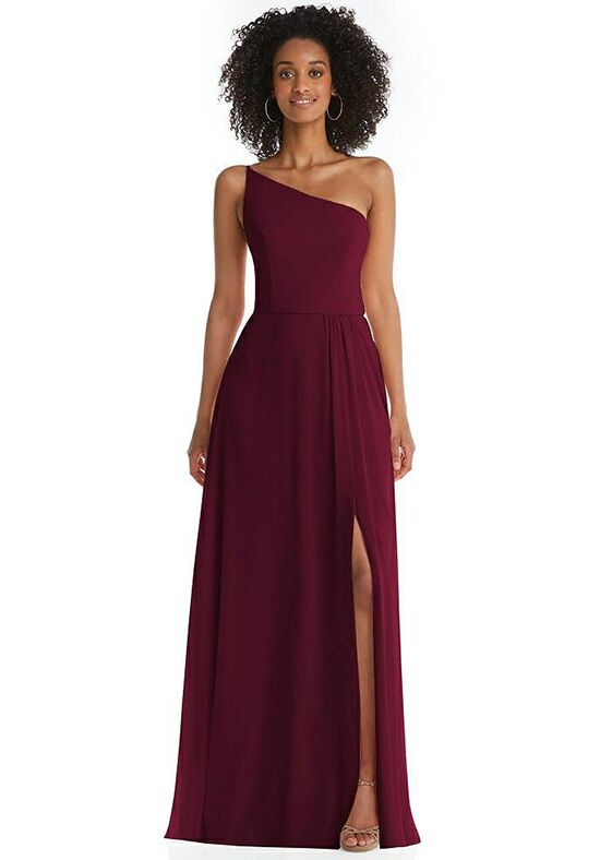 Dessy Group One-Shoulder Chiffon Maxi Dress with Shirred Front Slit - 1555 Bridesmaid  Dress