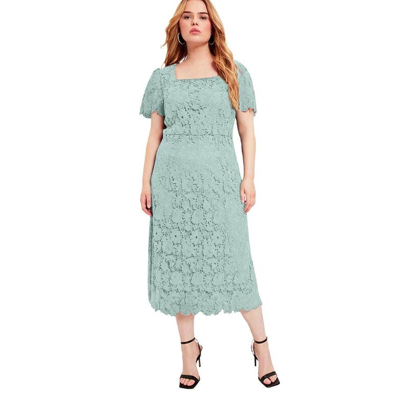 June + Vie lace midi cocktail wedding guest dress