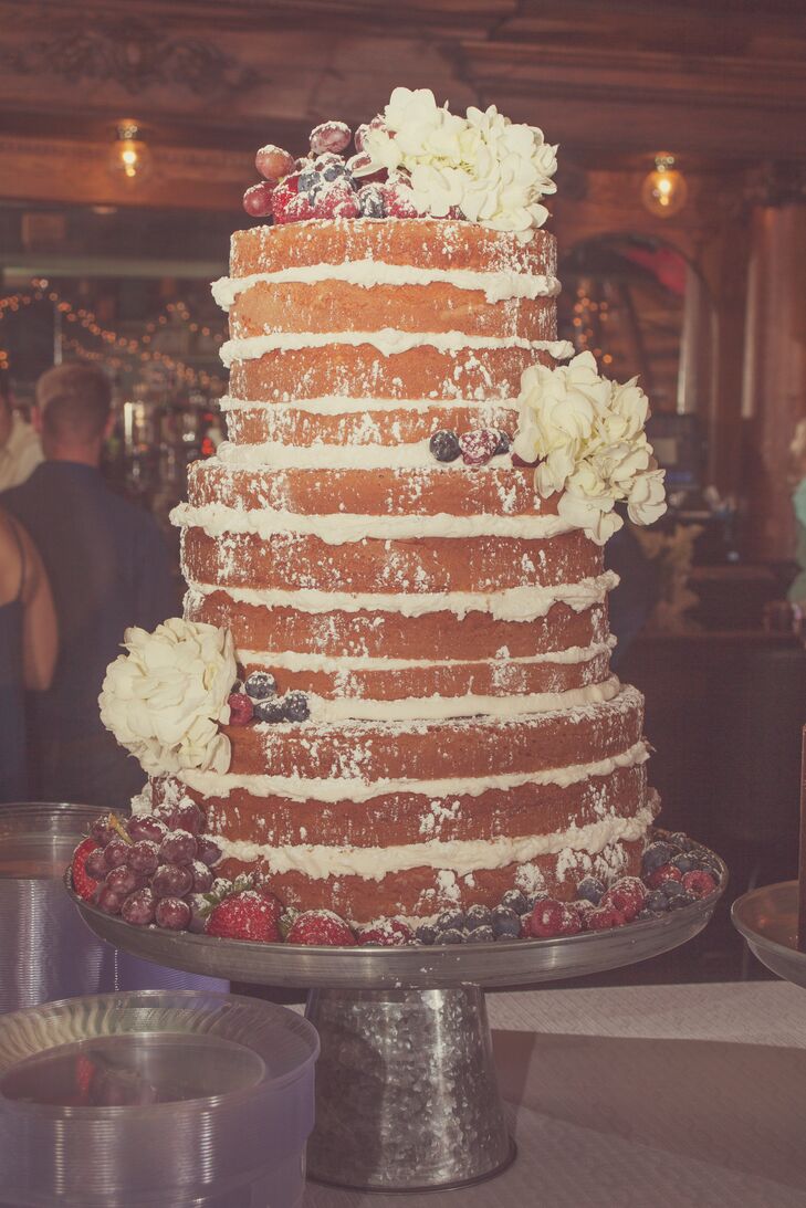 Naked Wedding Cake With Fruit And Hydrangeas