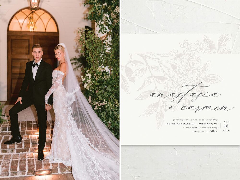 Justin and Hailey Bieber inspired wedding invitation with stencil flower design