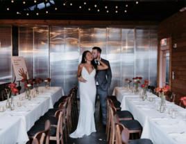 Fashionable Couple at Rehearsal Dinner, Long Tables, White Linens at Vietnamese Restaurant