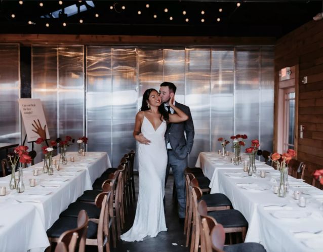 Fashionable Couple at Rehearsal Dinner, Long Tables, White Linens at Vietnamese Restaurant