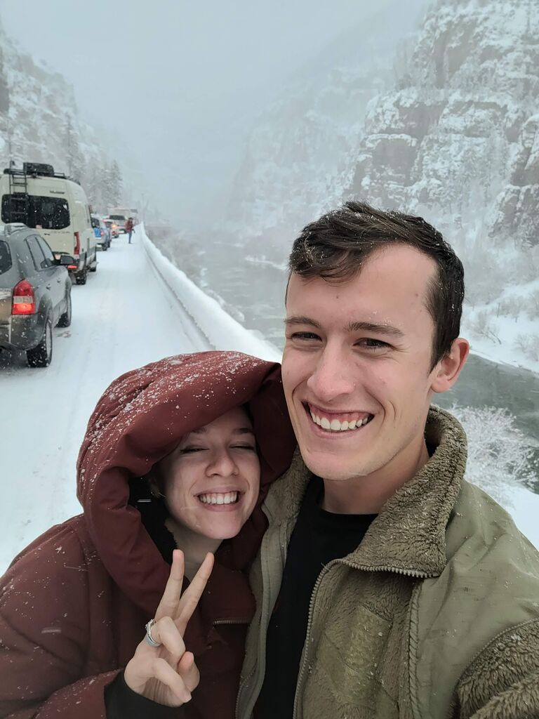 Another snowy trip down I-70 back to Iowa. We were stopped on the mountain pass so we decided to get out and have a snowball fight. I'm looking forward to more adventures like these in the future. Every trip is my favorite when I'm with my person.