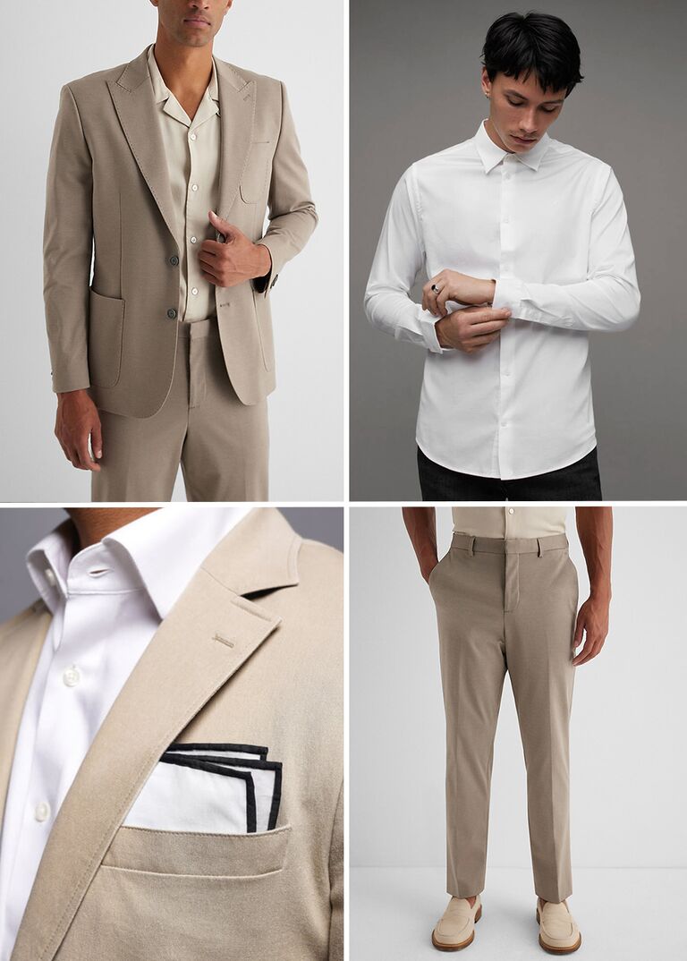 Vintage-inspired winter engagement photo outfit: beige blazer, white shirt, beige pants, white and black pocket square