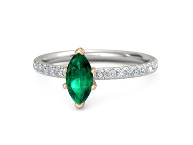gemvara customizable marquise emerald engagement ring with diamond platinum band and rose gold setting