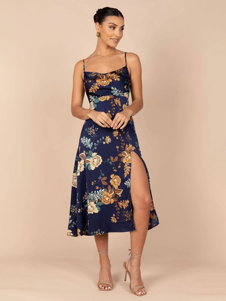 Petal & Pup cute blue floral bridesmaid dresses under $100 for fall and winter weddings