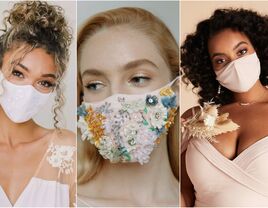 three models wearing stylish cute wedding masks with embellishments