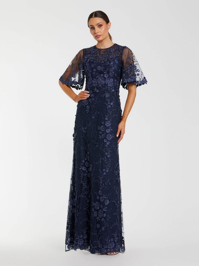 Mac Duggal navy floral embroidered petite gown