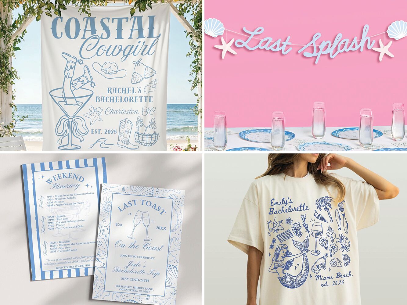 Four beach bachelorette party themes: Coastal Cowgirl, Last Splash, Mermaids and Matrimony, Last Toast on the Coast 