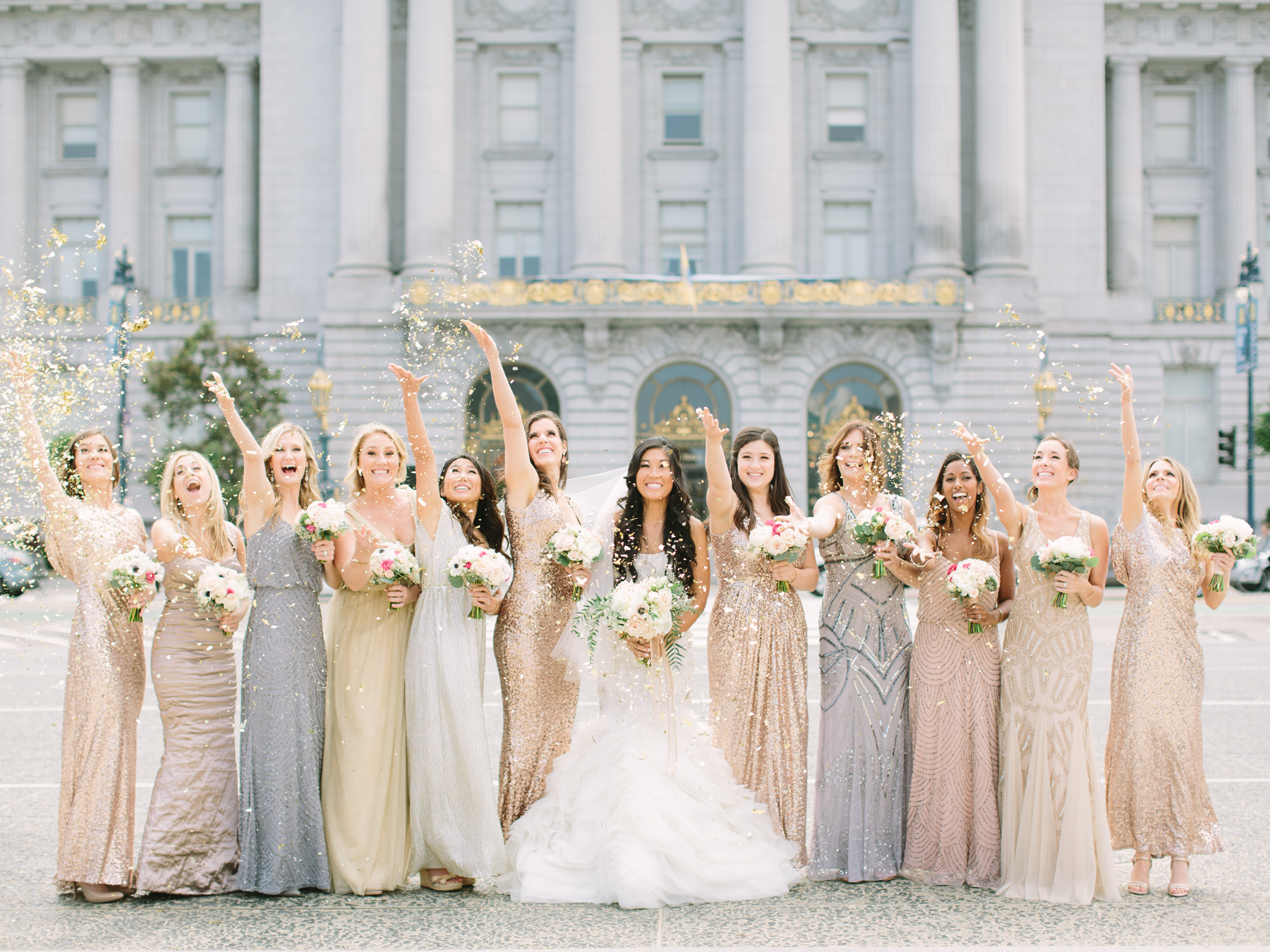 mismatched bridesmaid dresses in neutral colors
