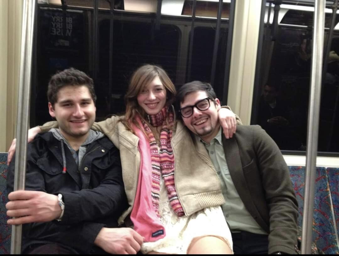 Anthony Monzon, one of Aaron's groomsmen, was the mastermind behind the couple's relationship. He introduced the two of them at Emerson College's TV news station and consistently pestered both of them into dating. Here's a picture of the three of them after a very sober and not at all rowdy weekend night in Boston on the subway home.