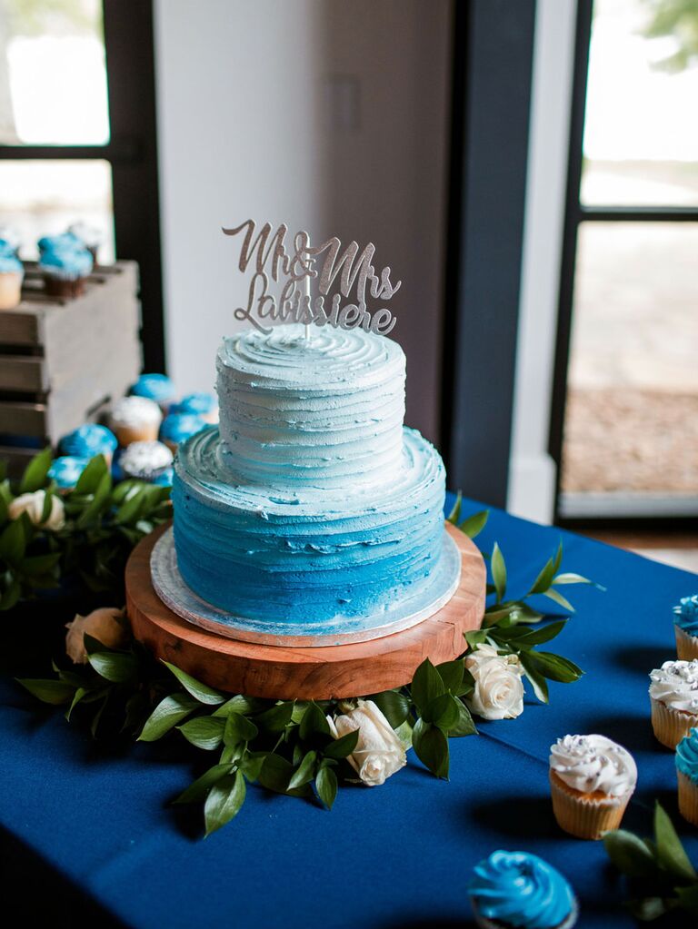 Small two-tier blue ombré beach-themed wedding cake