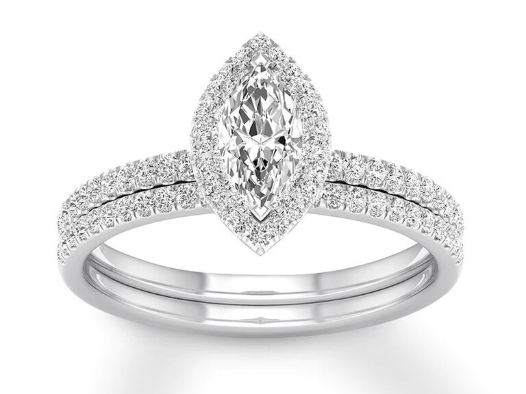 jared 14k white gold marquise diamond engagement and wedding ring set with two round diamond bands