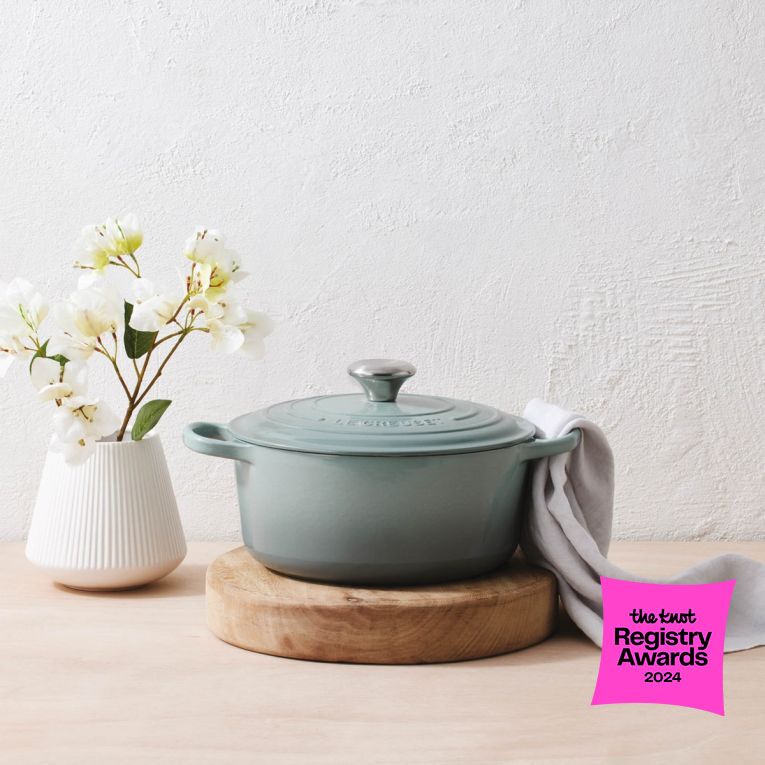 Blue enameled cast iron round dutch oven for couples