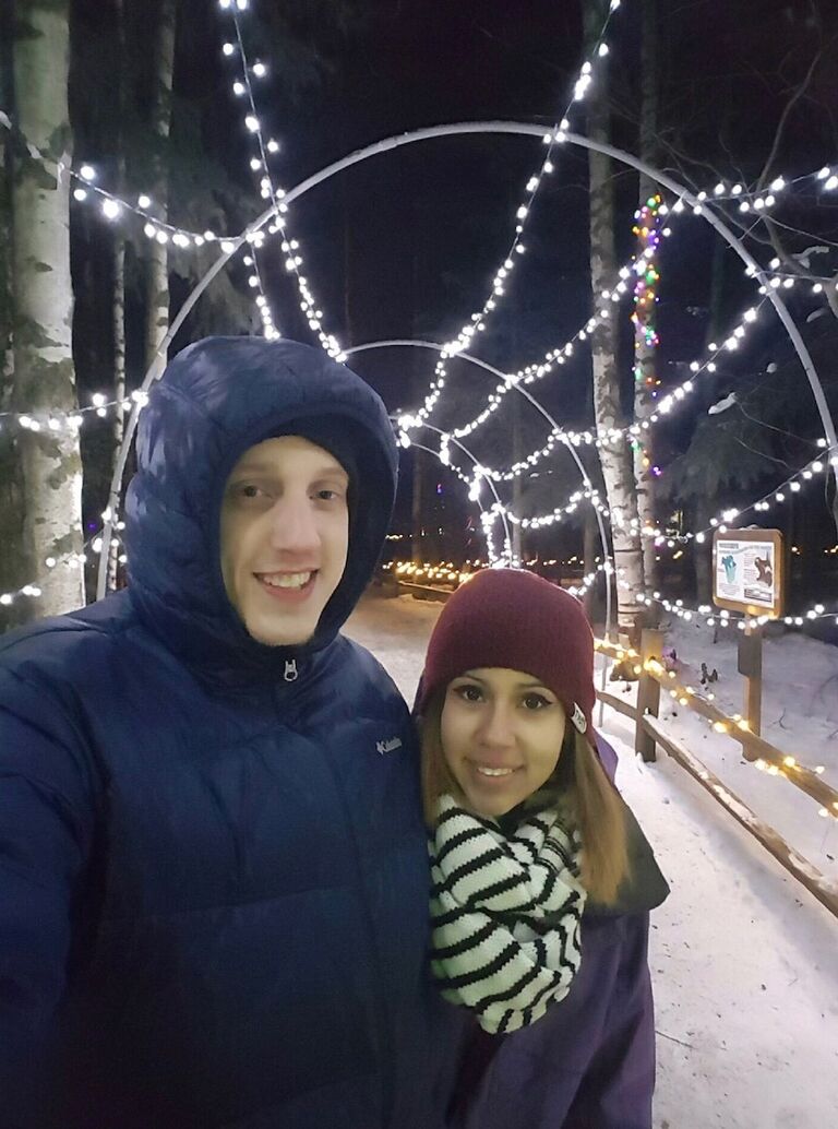 One of our early dates. Zoo Lights at the Alaska Zoo.