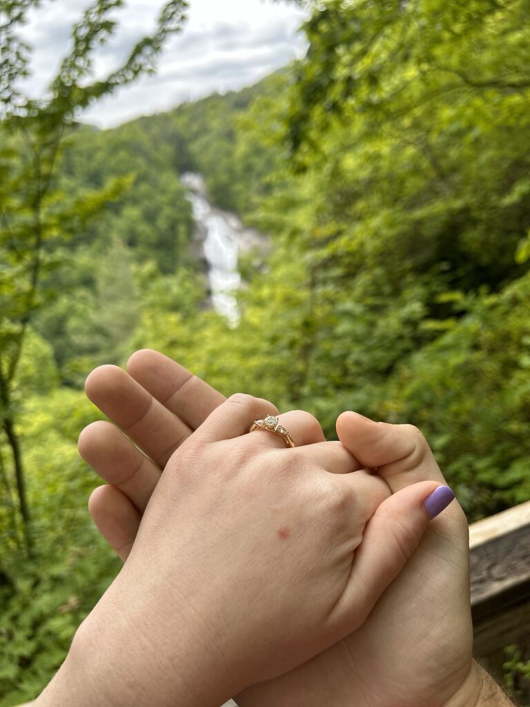 She said YES! On a beautiful hike to a waterfall in South Carolina, Caleb popped the question.
