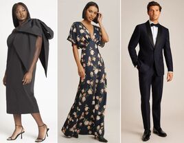 Collage of three black-tie-optional guest attire outfits