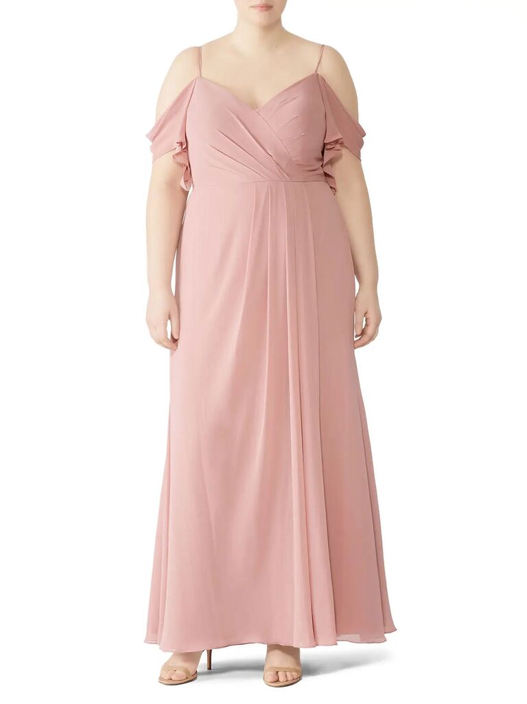 WATTERS blush bridesmaid dress with cold-shoulder neckline and maxi skirt