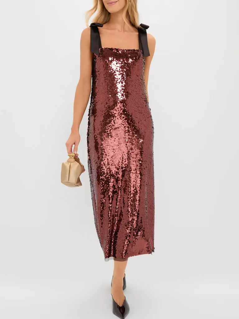 Bronze sequin maxi winter wedding guest dress from Tuckernuck