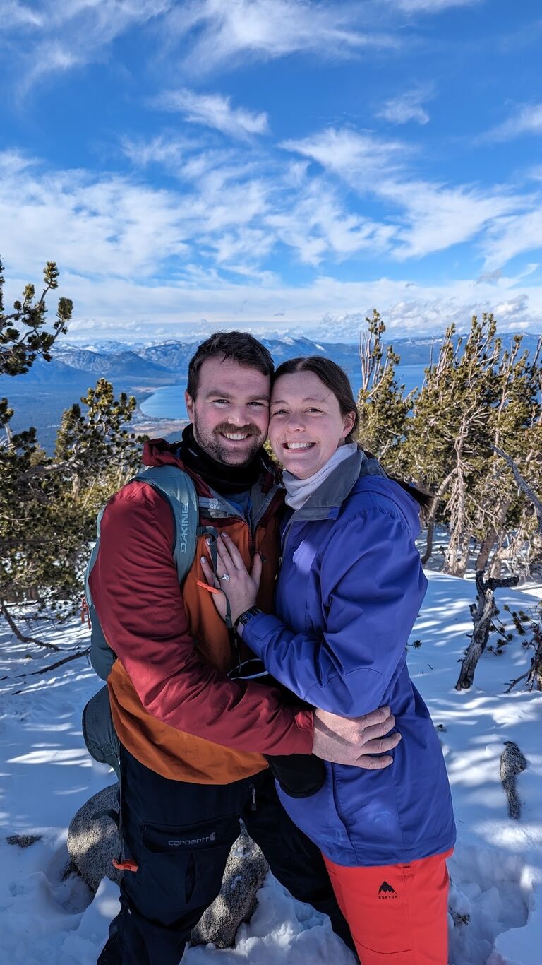 Our engagement day!! Kyle and I went skiing on Heavenly in Lake Tahoe with his friend Matt. Kyle made me hike up a hill at the top of the mountain and got down on one knee with the most beautiful scenery I could ask for
