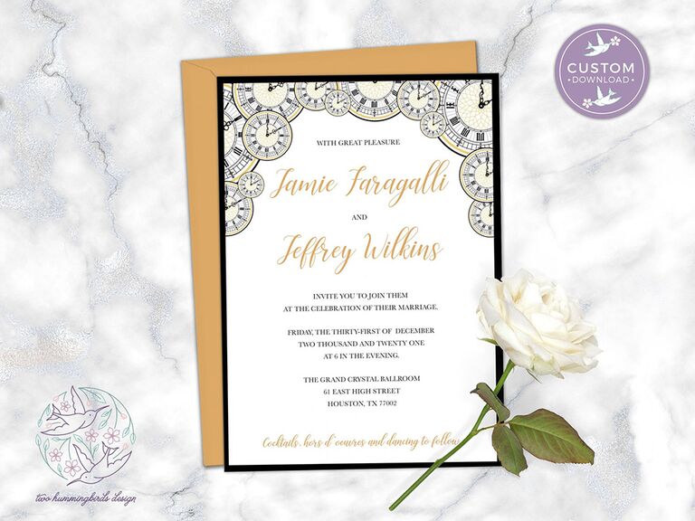 Clock graphics on top border with event details in gold and black type on white background
