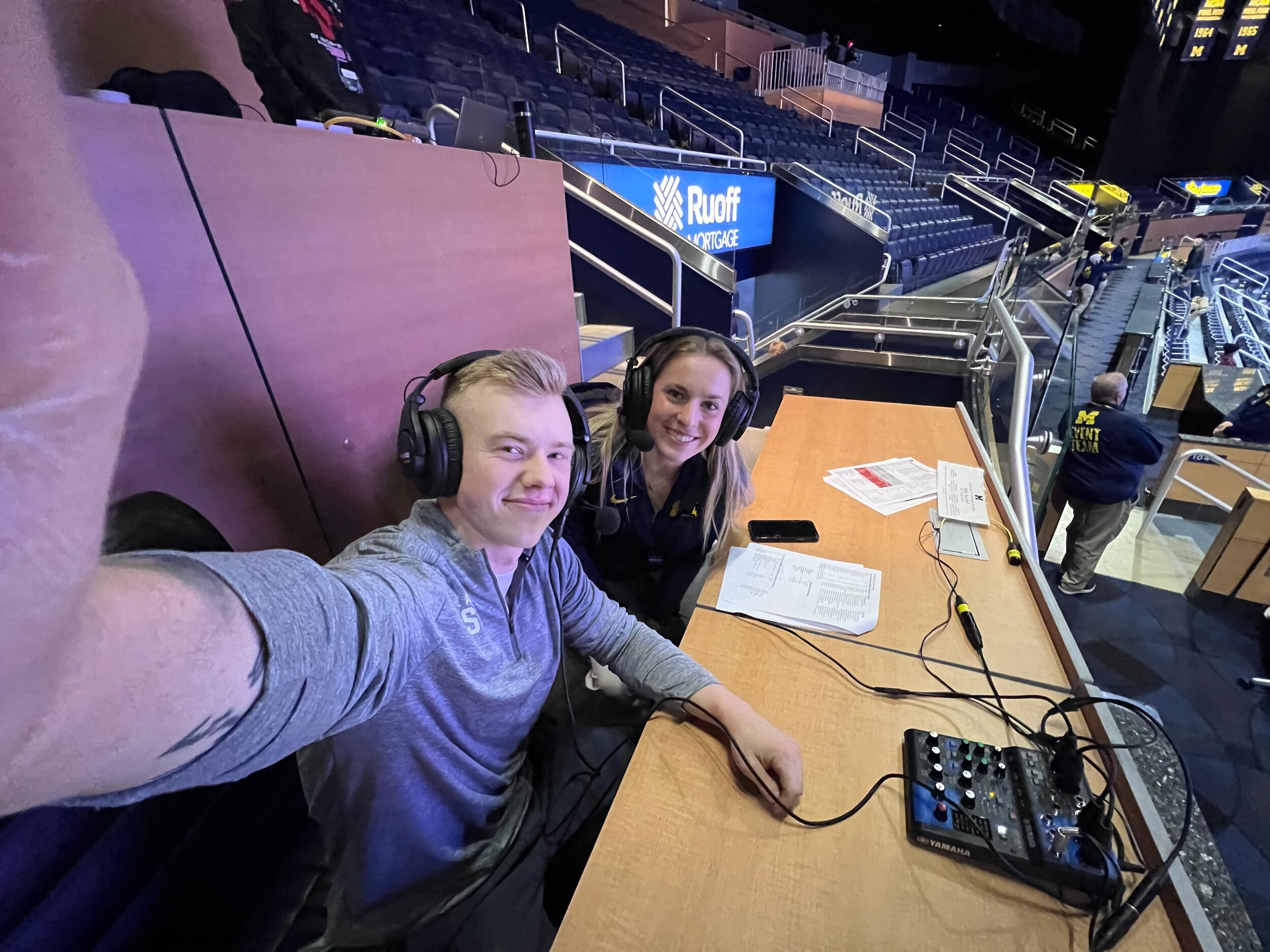 Commentating for the NCAA Women's Gymnastics Regionals. Perhaps our future careers?