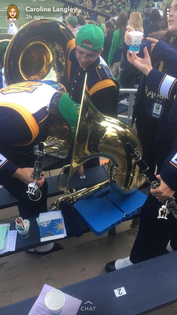 Early Marching Band photo. Clearly, both of us were hard at work. As a side note, during every Notre Dame Football Game over all three years we were both in the Band, Charles and I would share a Ben's Pretzels during the third quarter ("Which I always paid for" Charles reminded).