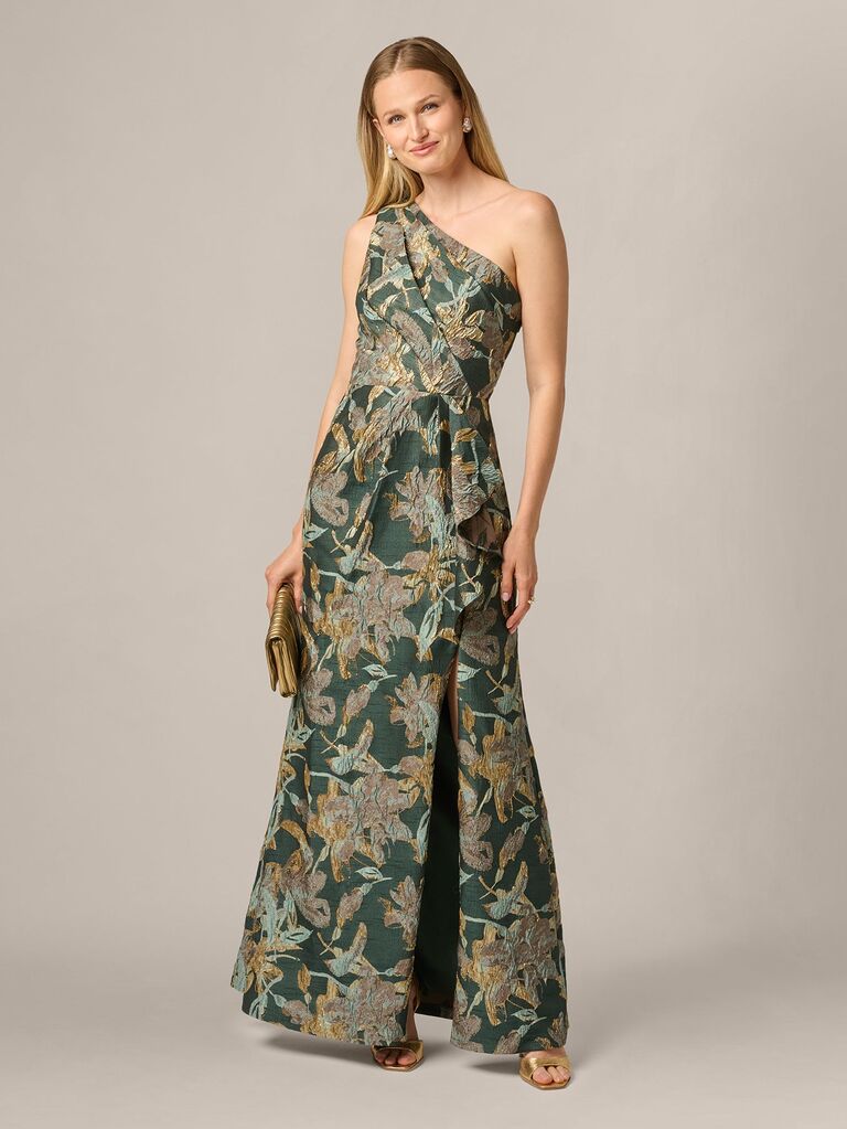 Adrianna Papell green floral one-shoulder petite gown