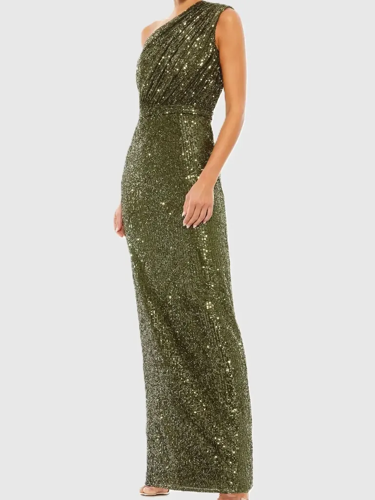 Olive green one shoulder sequin black tie optional gown from Mac Duggal