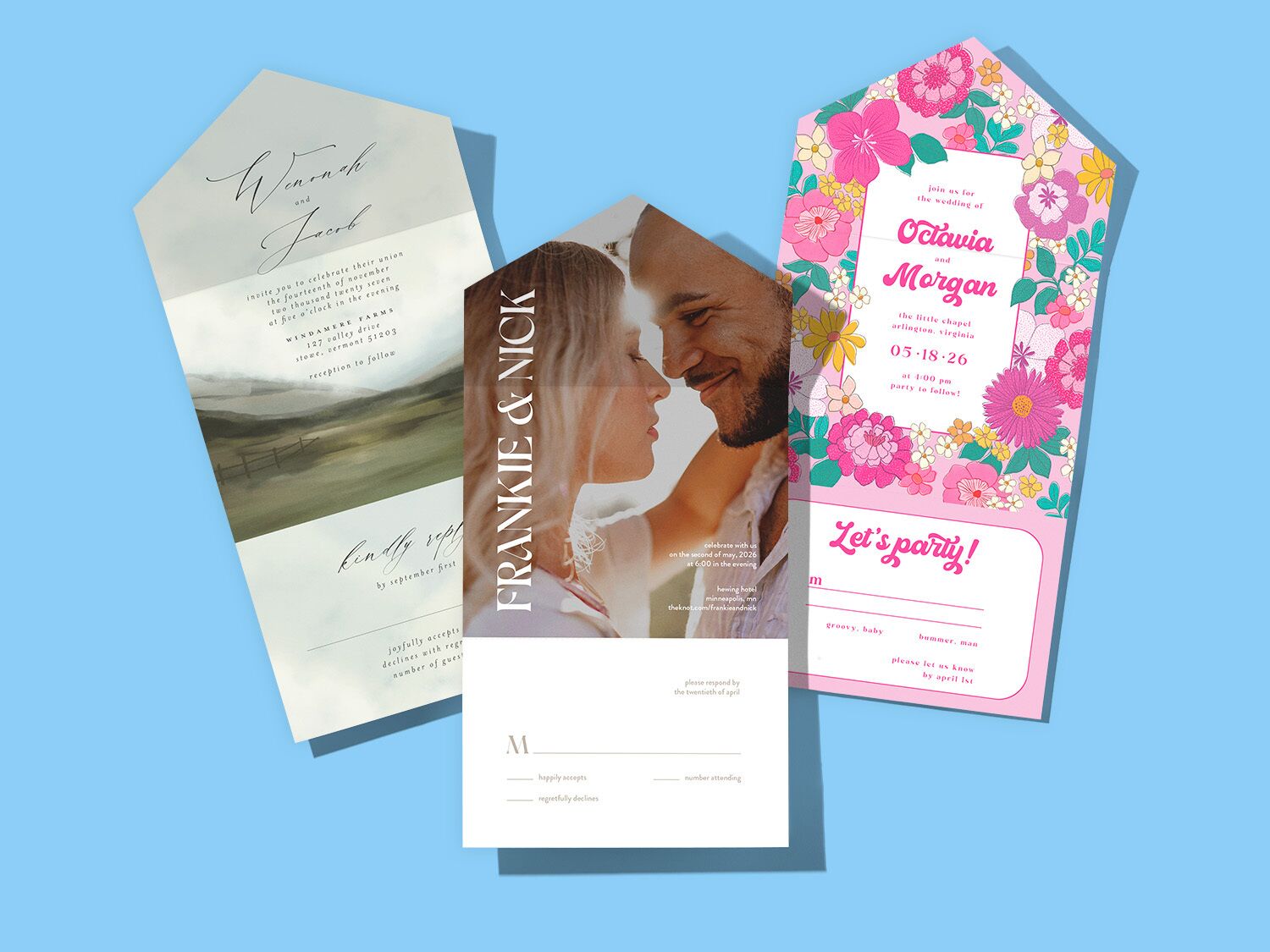 Various styles of wedding invitations on blue background