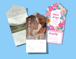 Various styles of wedding invitations on blue background