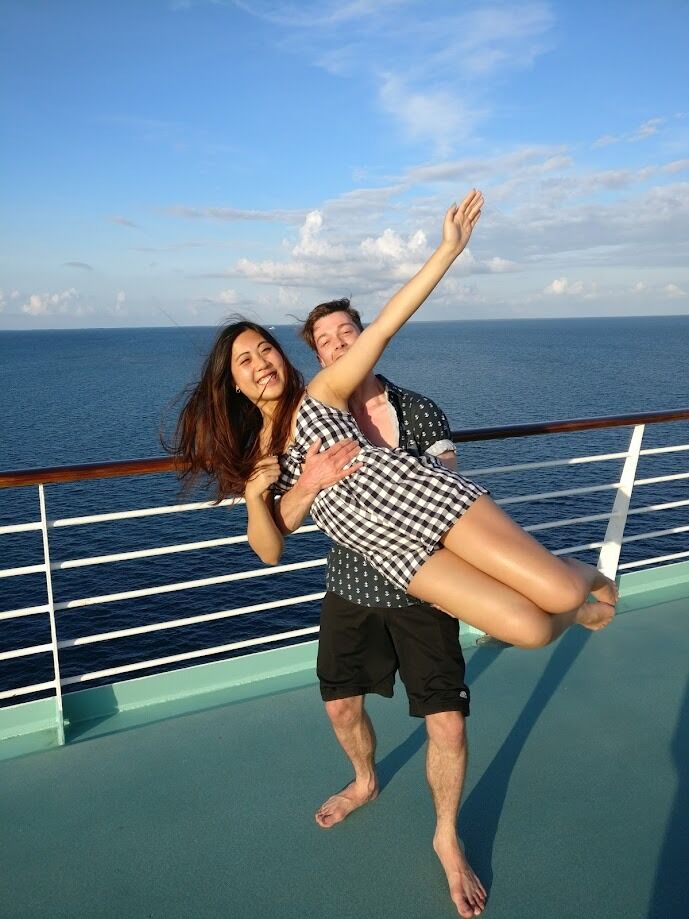 After we graduated undergrad, we celebrated with a romantic first cruise together. (Missing from the photo is our best friend and now best man, Kuchak, who accompanied us on our romantic getaway.) 