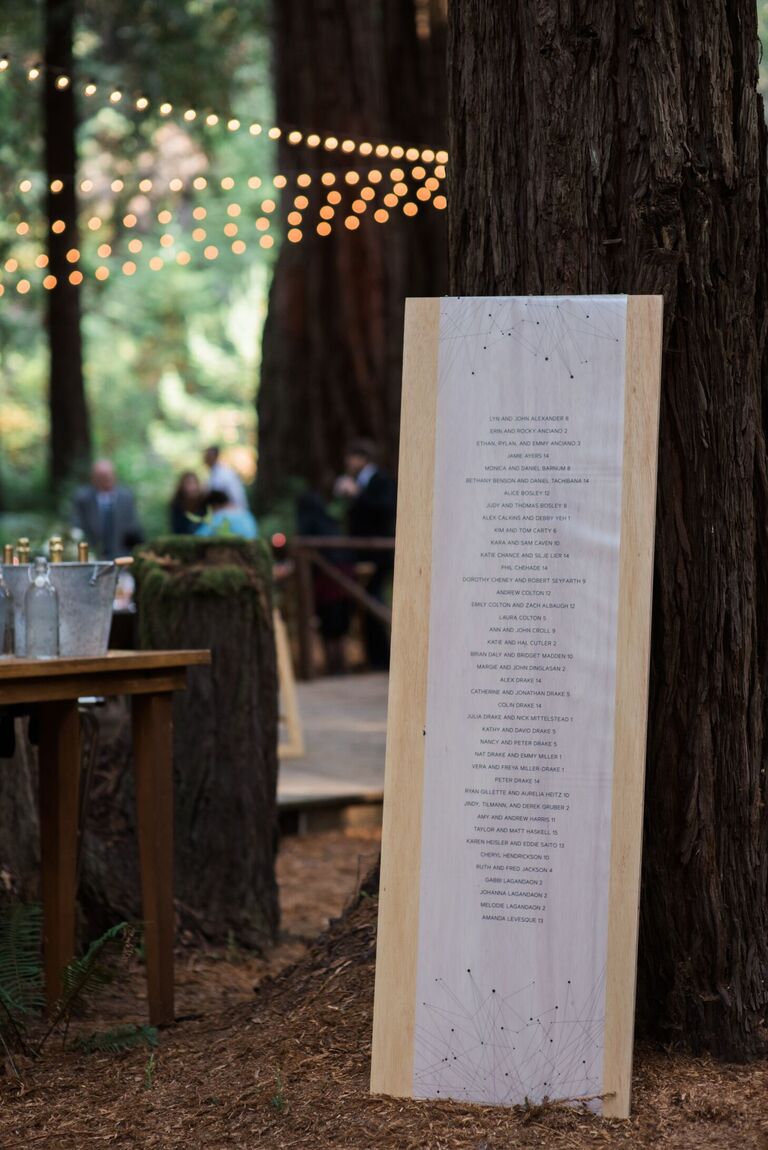 Linen seating chart at rustic wedding in the woods