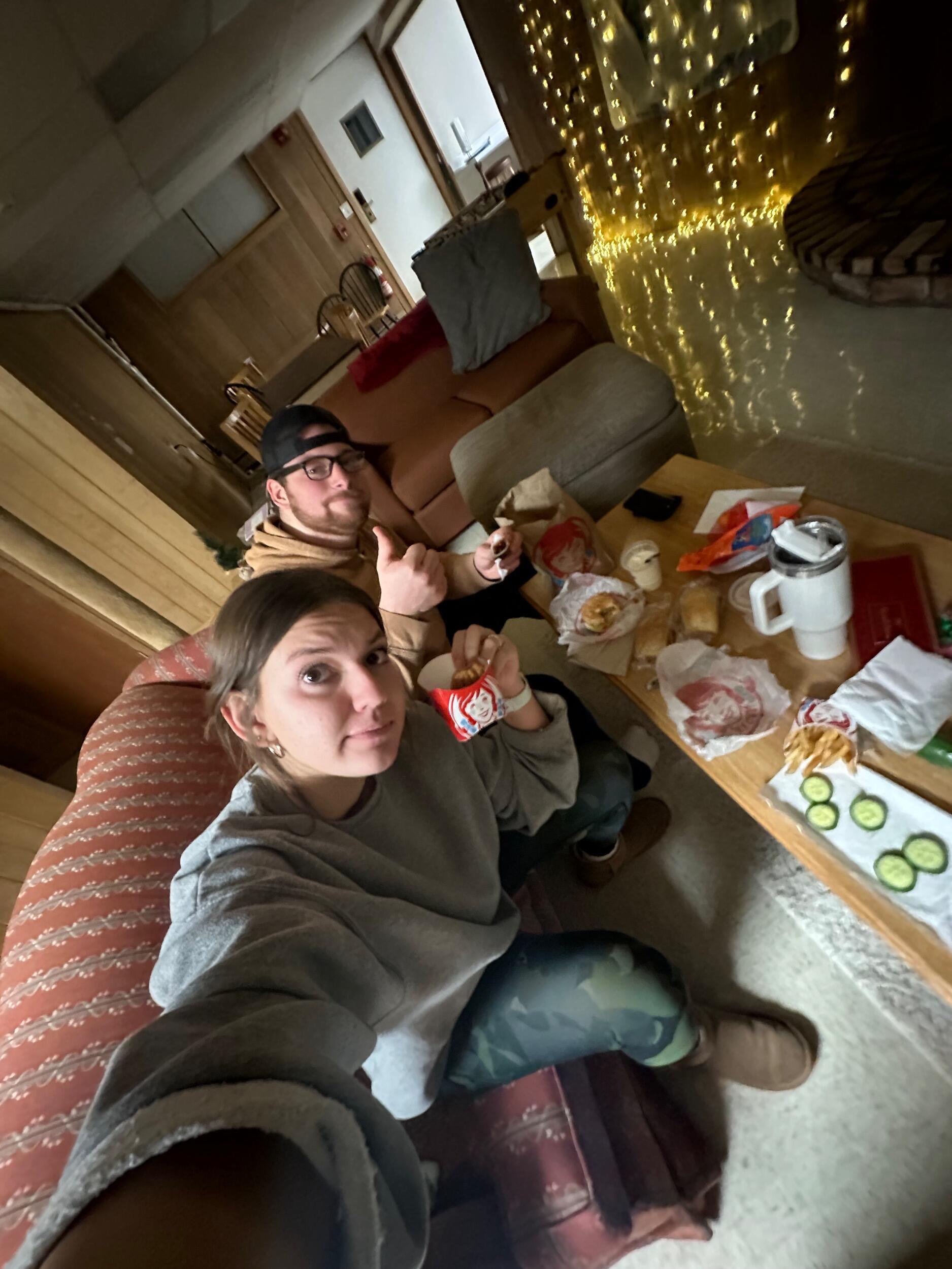 AUDREY: This is the first photo I have of the two of us after we started dating. Truly encapsulates us and that year so well. Wendy's, Hearth House basement, and dressing our best!

TREVOR: No, I am not salty I got screwed over by Res Life and had to live in an apartment my senior year of college.