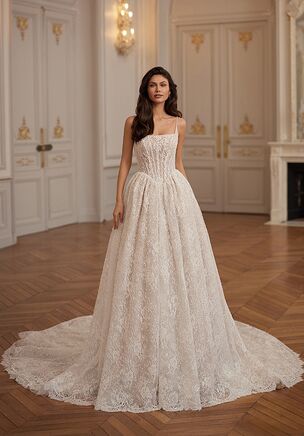The Val Stefani Highgrove wedding dress is a princess-inspired A-line gown in re-embroidered lace with a romantic rose pattern, seed beads, and sequins. Featuring a sleeveless square neckline, beaded straps, an illusion V-back, Basque waist, and a flowing layered skirt, it’s available in ivory, white, or an ivory/biscotti/rose combination.
