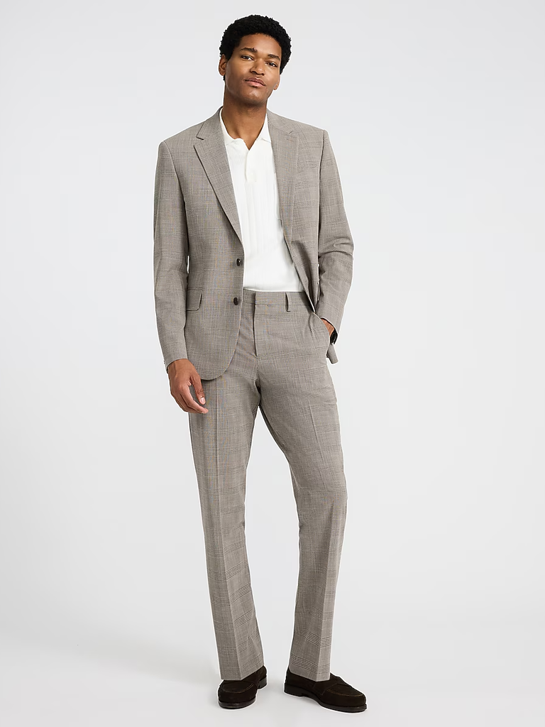 Brown plaid suit outfits for rehearsal dinner from Express 