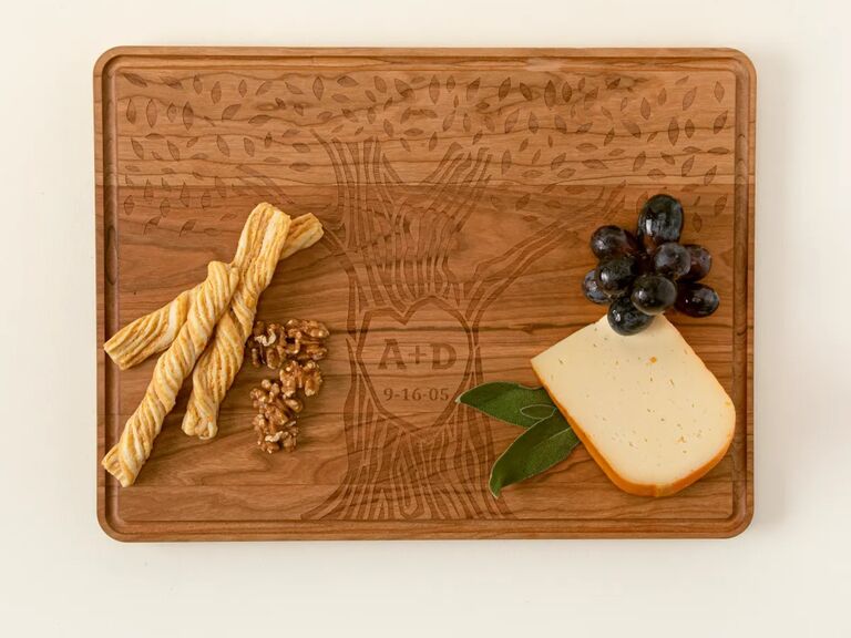 Beautiful wooden cutting board featuring custom initials housewarming gift for couple