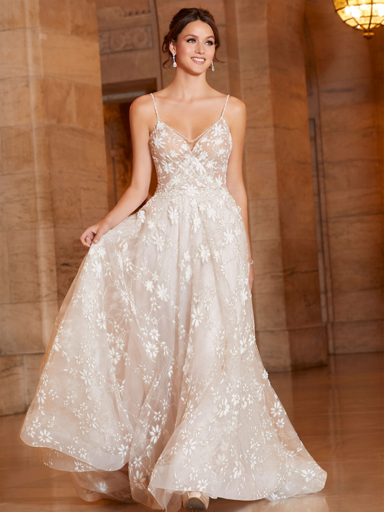 A-line gown with floral embroidery and spaghetti straps